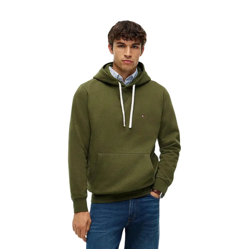 Tommy Hilfiger men green cotton hoodie with white drawstrings and small chest logo in olive green color