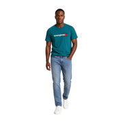 Tommy Hilfiger men green organic cotton t shirt with teal color and white and red logo on the chest