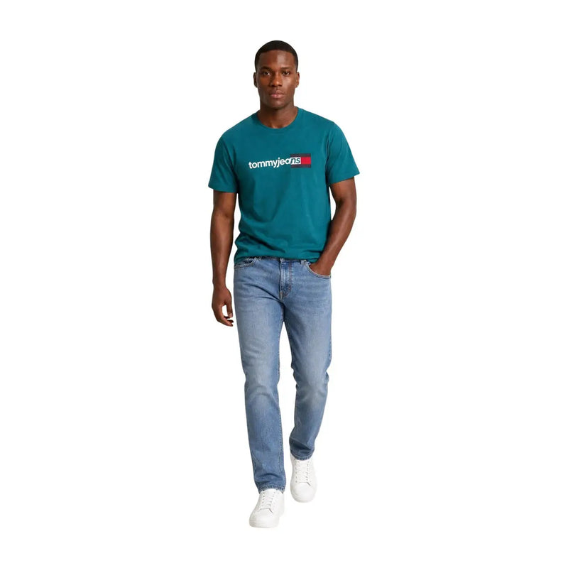 Tommy Hilfiger men green organic cotton t shirt with teal color and white and red logo on the chest