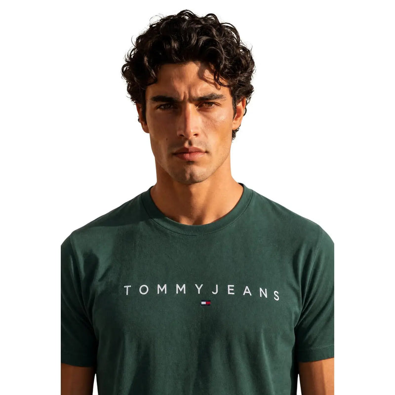 Tommy Hilfiger men green organic cotton t shirt regular fit with white logo and flag emblem across the chest