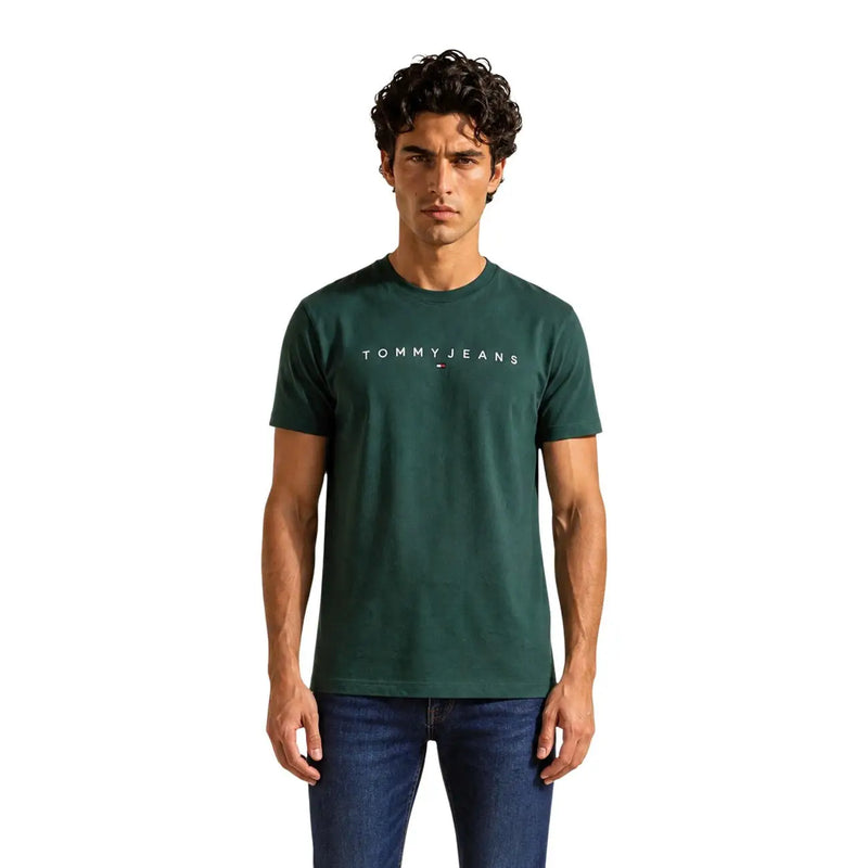 Tommy Hilfiger men green organic cotton regular fit t shirt with white logo across the chest