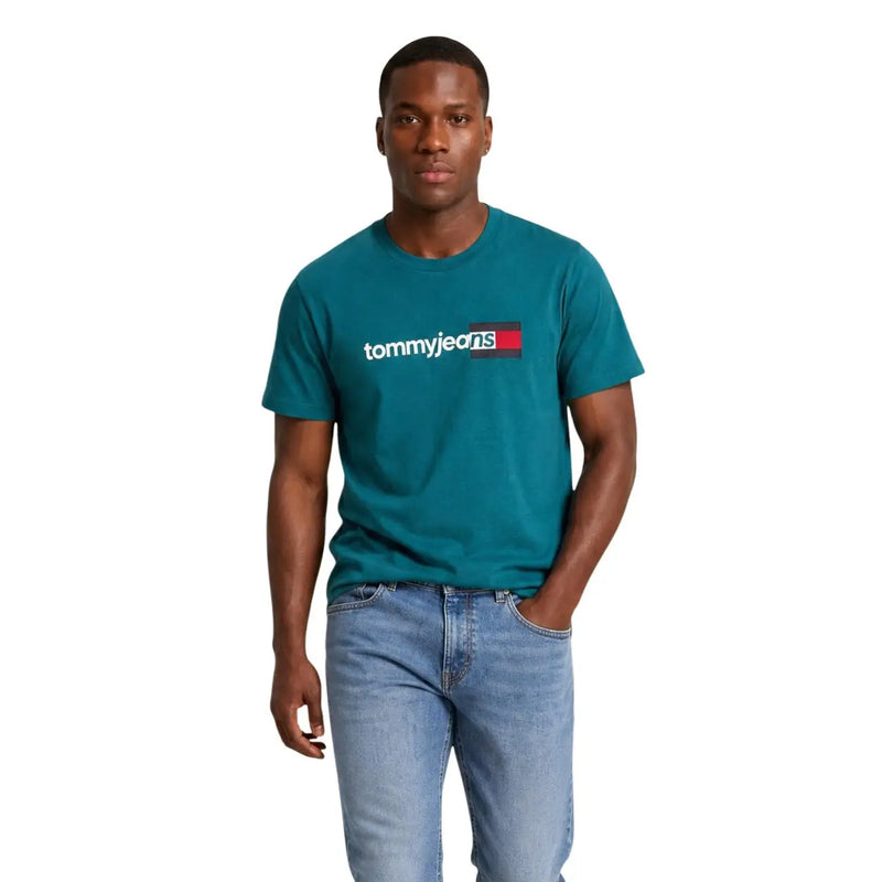 Teal Tommy Hilfiger men green organic cotton t shirt with white and red logo on chest front view