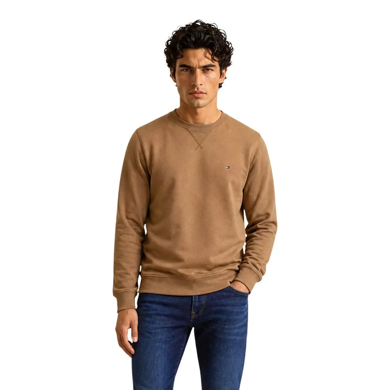 Bräunen Tommy Hilfiger Rundhals-Sweatshirt aus Baumwollfleece mit kleinem, gesticktem Flaggenlogo auf der linken Brust