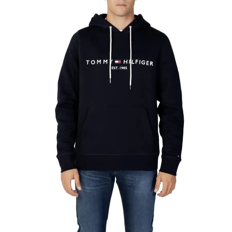 Tommy Hilfiger Sweat à capuche homme noir en coton avec cordons de serrage blancs et logo sur la poitrine MW0MW10752