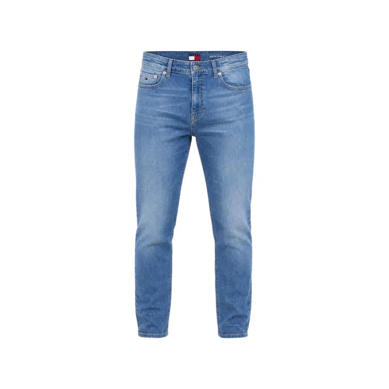 Blue slim fit denim jeans made of cotton featuring tommy hilfiger logo on waistband for men casual wear