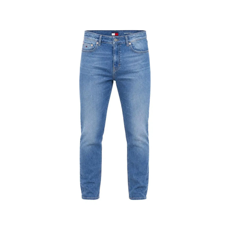Blue slim fit denim jeans made of cotton featuring tommy hilfiger logo on waistband for men casual wear