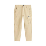 Beige Tommy Hilfiger jeans men trousers cargo pants with multiple pockets and logo patch on the thigh