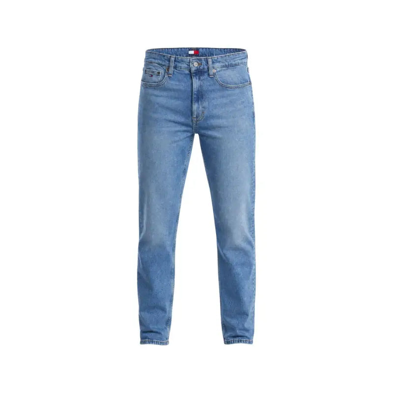 Light-wash blue slim fit men jeans made of organic cotton with classic five-pocket design and Tommy Hilfiger logo on waistband