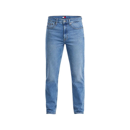 Light-wash blue slim fit men jeans made of organic cotton with classic five-pocket design and Tommy Hilfiger logo on waistband