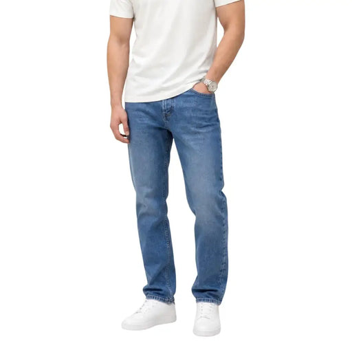 Tommy Hilfiger men jeans blue organic cotton slim fit classic medium-wash denim with straight-leg cut and subtle fading