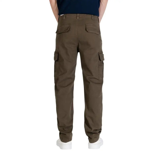 Brown cargo pants with multiple pockets and durable fabric finish paired with tommy hilfiger men jeans green organic cotton trousers