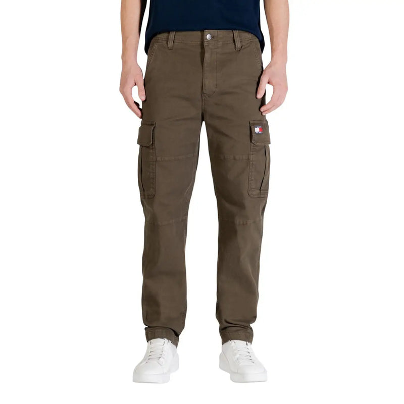 Olive green tommy hilfiger men jeans made from organic cotton featuring cargo pants with multiple pockets and logo patch