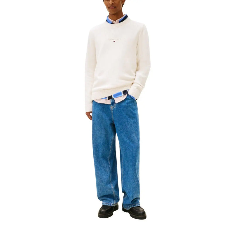 Tommy Hilfiger men knitwear beige organic cotton crewneck sweater with white body blue collar trim and chest logo