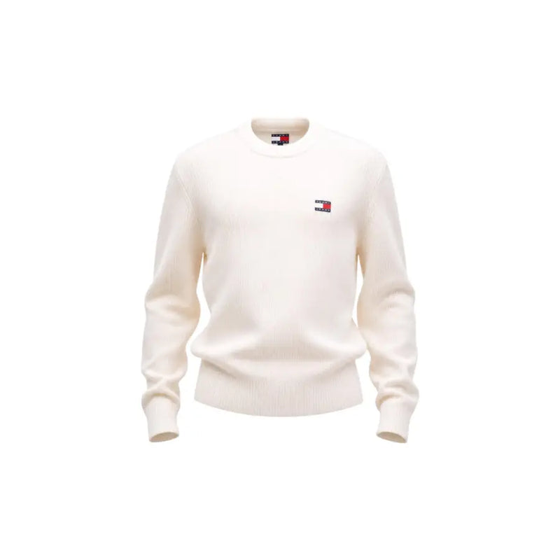 Cremefarbener Tommy Hilfiger Herren-Strickpullover mit Rundhalsausschnitt aus Bio-Baumwolle mit Rippstrickstruktur und kleinem Logo
