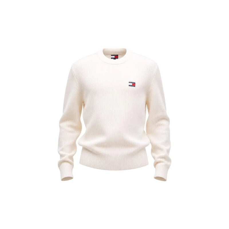 Cream-colored tommy hilfiger men knitwear round neck sweater in organic cotton with ribbed texture and small logo