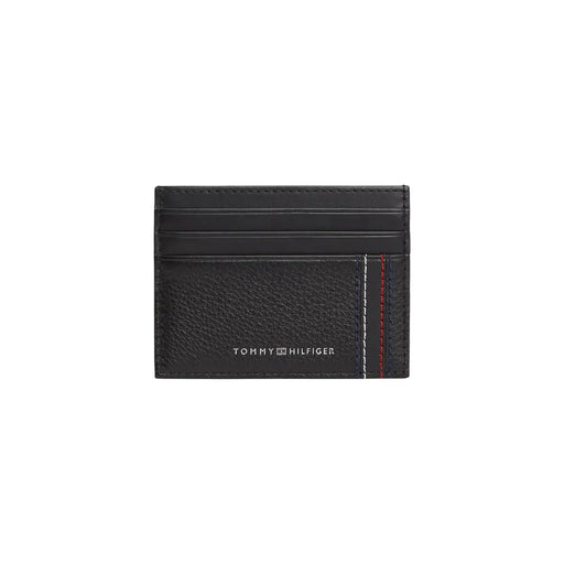 Tommy Hilfiger men wallet black textured leather card holder with subtle red and white stitching along the edge