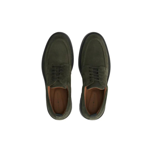 Tommy Hilfiger men leather moccasin green olive suede lace-up dress shoes with black laces and dark rubber sole