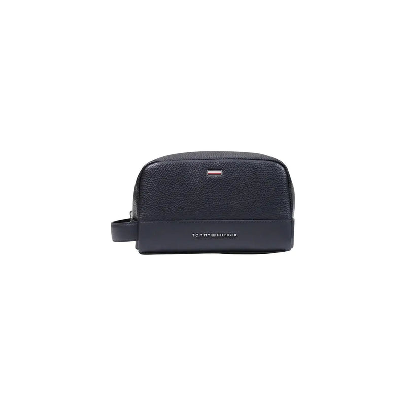 Dark navy textured leather tommy hilfiger men’s toiletry bag with subtle metallic logo and zip pocket small size