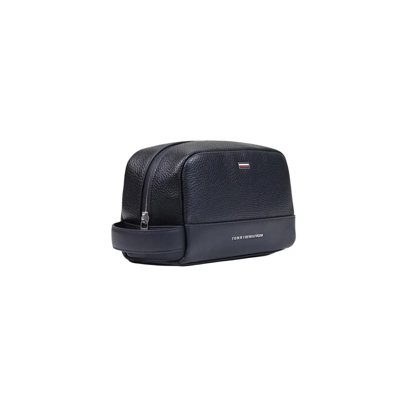 Tommy Hilfiger men leather washbag black textured toiletry bag with subtle logo and embossed brand name on front