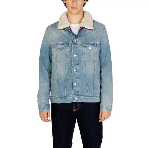 Tommy Hilfiger men light blue cotton blend blazer with plush cream shearling collar and silver buttons for fall winter