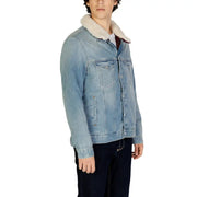 Tommy Hilfiger men light blue cotton blend fall winter blazer with a light-wash denim jacket and plush white shearling collar