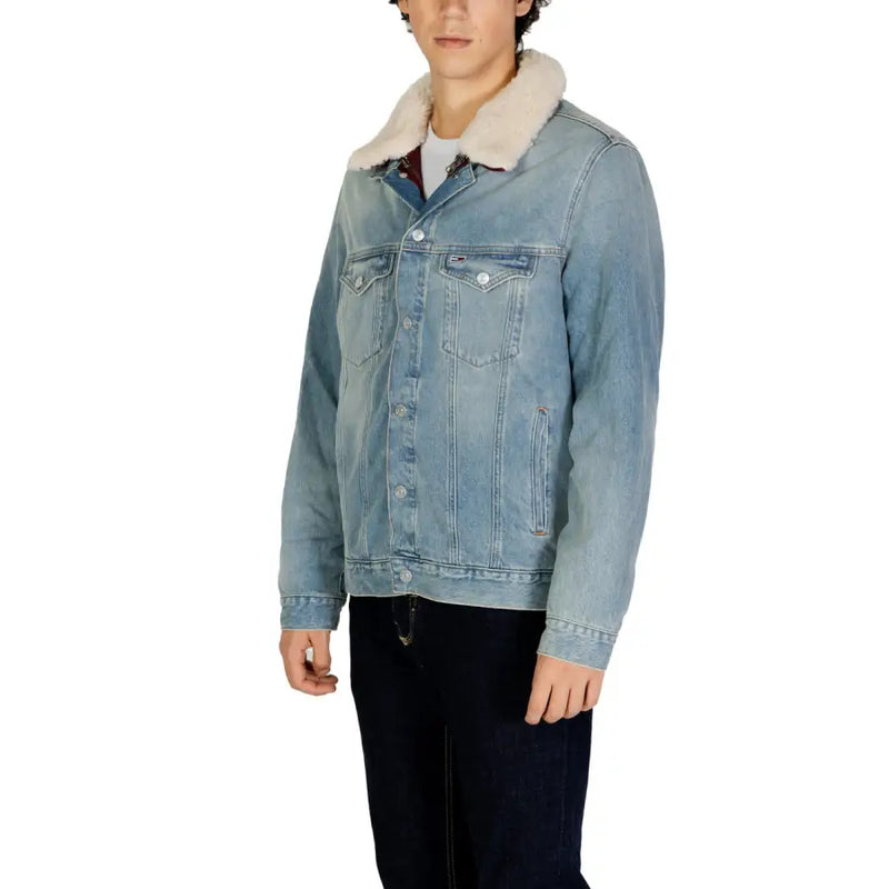 Tommy Hilfiger men light blue cotton blend blazer with light-wash denim and plush white shearling collar for fall winter
