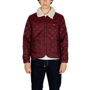 Maroon quilted bomber jacket with cream shearling collar paired with tommy hilfiger men light blue cotton blend fall winter blazer