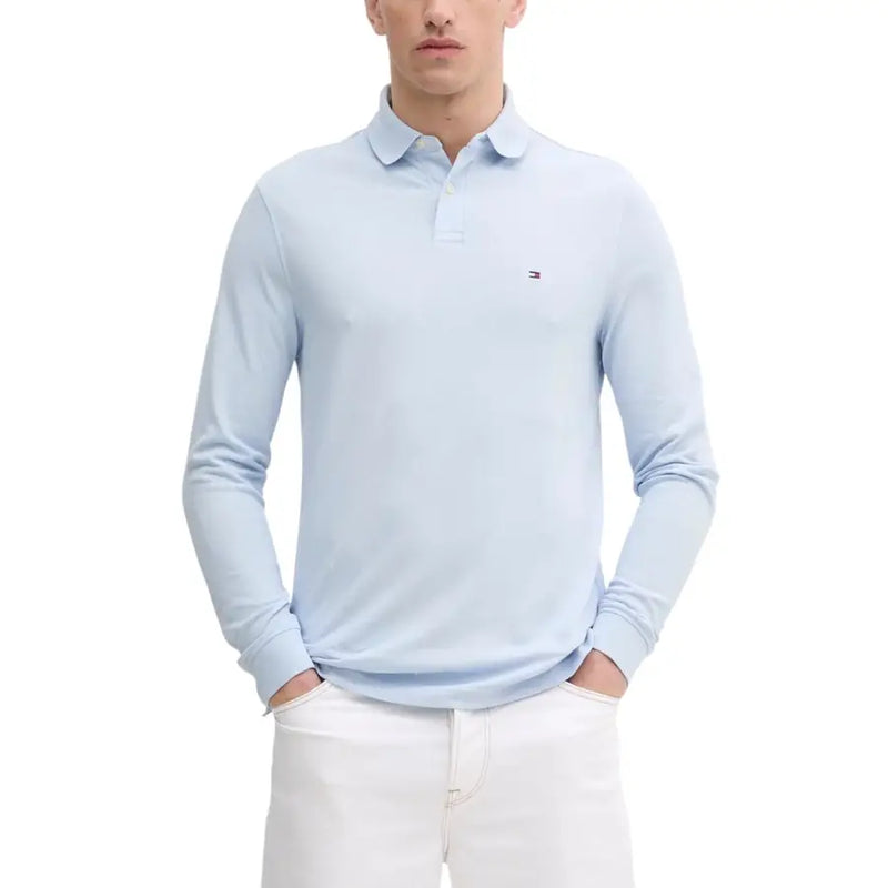 Tommy hilfiger light blue long-sleeve polo shirt with a small logo on the chest.