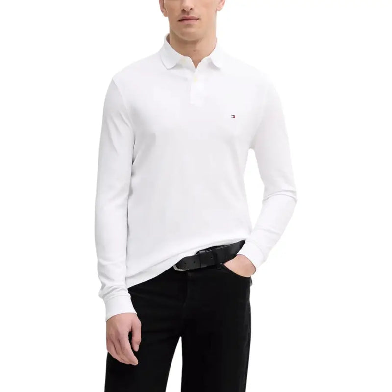 Tommy hilfiger white long-sleeve polo shirt with small logo on chest.