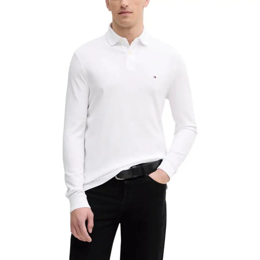 Tommy hilfiger white long-sleeve polo shirt with small logo on chest.