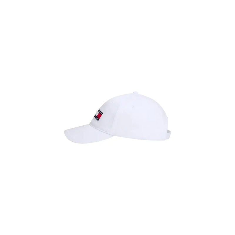 White tommy hilfiger baseball cap with red white and blue logo patch made of organic cotton in one size