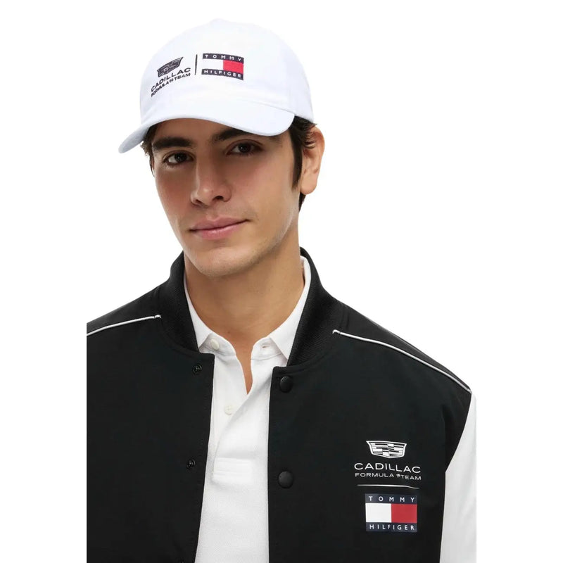 White organic cotton Tommy Hilfiger men logo cap with black and red logo patch and Cadillac Formula team branding
