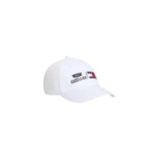White Tommy Hilfiger men logo cap featuring black Cadillac formula 1 logo and red white blue flag patch organic cotton