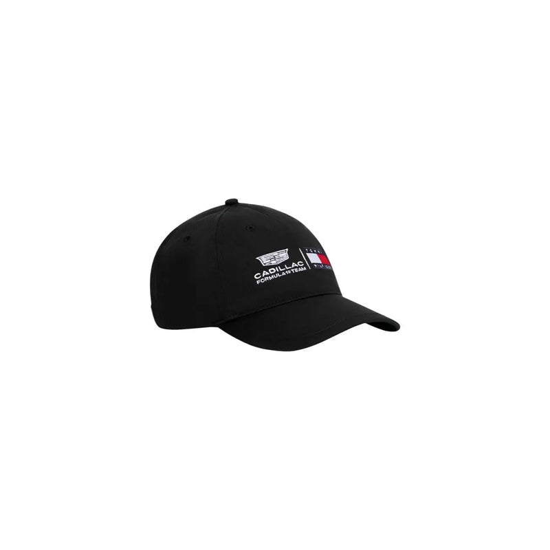 Black Tommy Hilfiger men logo cap in organic cotton featuring embroidered Cadillac Formula 1 team logo and flag emblem