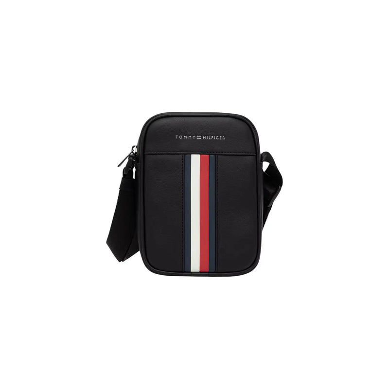 Black Tommy Hilfiger metro mini reporter crossbody bag with vertical red white and navy stripe front design