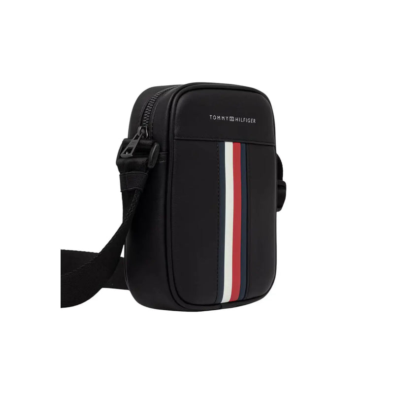 Tommy Hilfiger men metro mini reporter bag black with red white and navy vertical stripe on front