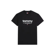 Tommy Hilfiger Schwarzes Herren-T-Shirt aus Bio-Baumwolle mit weißem Tommy 19 Jeans 85 Logo und Markenetikett auf der Vorderseite