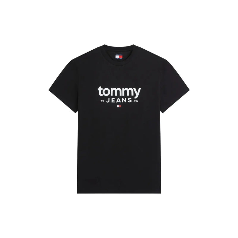 Tommy Hilfiger Schwarzes Herren-T-Shirt aus Bio-Baumwolle mit weißem Tommy 19 Jeans 85 Logo und Markenetikett auf der Vorderseite
