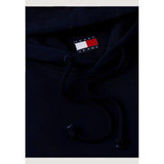 Black tommy jeans hoodie with classic logo patch and drawstrings complementing tommy hilfiger men organic cotton blue sweatshirt