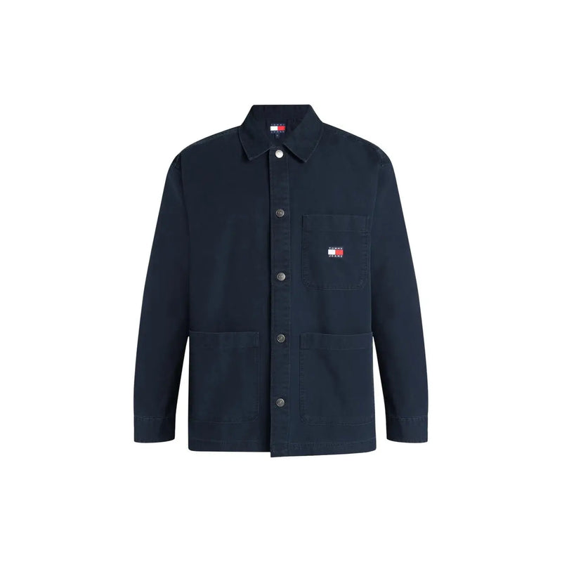 Tommy Hilfiger Herrenhemd aus Bio-Baumwolle in Blau mit dunkelblauer Arbeitsjacke mit Knopfleiste und Logo-Patch auf der Brusttasche