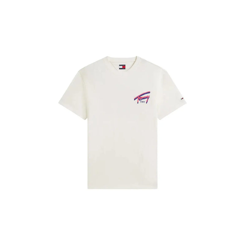 cremefarben Tommy Hilfiger Herren-T-Shirt aus Bio-Baumwolle mit auffälligem pink-lila Logo im Retro-Stil auf der Brust