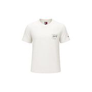 Cream-colored tommy hilfiger men organic cotton t shirt with short sleeves subtle chest graphic and sleeve logo