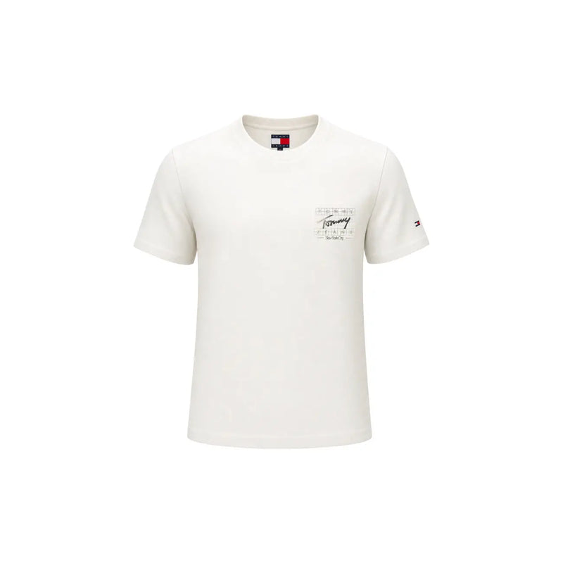 Cream-colored tommy hilfiger men organic cotton t shirt with short sleeves subtle chest graphic and sleeve logo