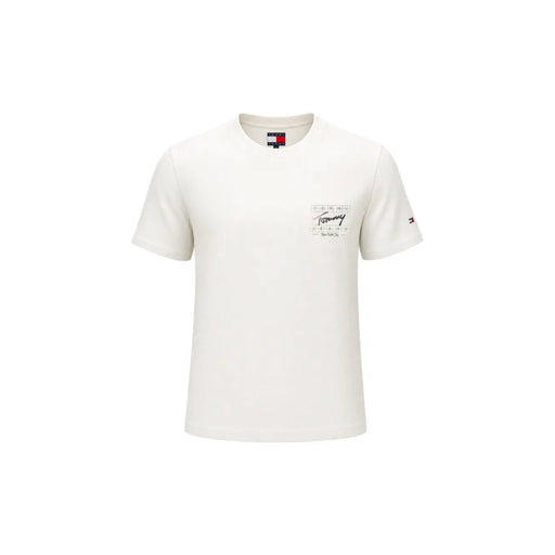 Cremefarbenes Tommy Hilfiger Herren-T-Shirt aus Bio-Baumwolle mit kurzen Ärmeln, dezentem Brustaufdruck und Ärmellogo