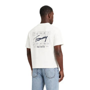 White tommy hilfiger men organic cotton t shirt with black grid logo featuring signature script and new york city text