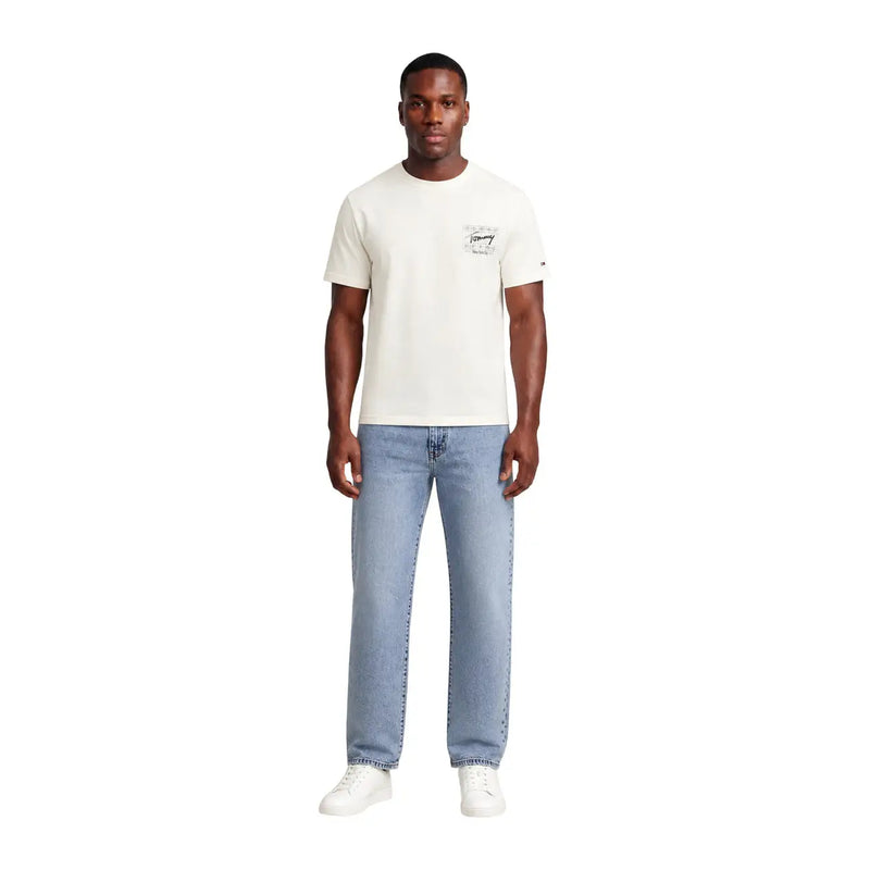 Tommy Hilfiger men organic cotton white t shirt featuring a small embroidered off white Levi’s logo on the chest