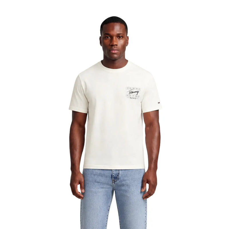 Cream-colored tommy hilfiger men organic cotton short sleeve t shirt with a subtle chest graphic print