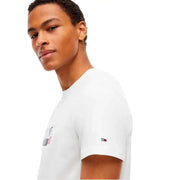 Tommy Hilfiger men organic cotton white t shirt with graphic print on chest and signature flag logo embroidered on sleeve