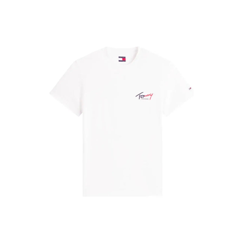 Tommy Hilfiger men organic cotton white t shirt featuring a subtle pink and black signature logo on the chest