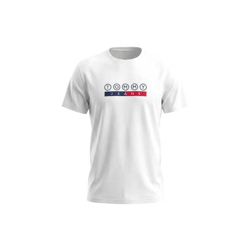 Tommy Hilfiger men organic cotton white t shirt with classic black tommy logo above red and navy stripe